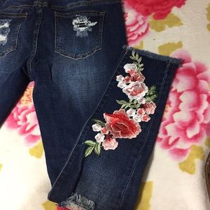Dark blue high waisted floral jeans